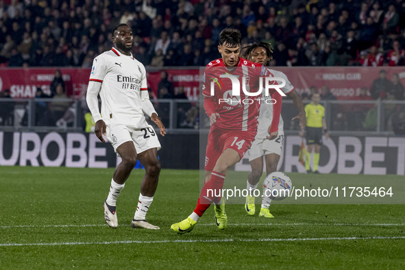 Daniel Maldini plays during the Serie A match between AC Monza and AC Milan at U-Power Stadium in Monza, Italy, on November 2, 2024. 