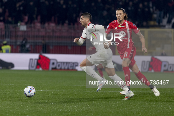 Alvaro Morata plays during the Serie A match between AC Monza and AC Milan at U-Power Stadium in Monza, Italy, on November 2, 2024 