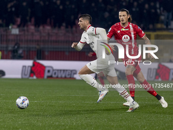 Alvaro Morata plays during the Serie A match between AC Monza and AC Milan at U-Power Stadium in Monza, Italy, on November 2, 2024 (