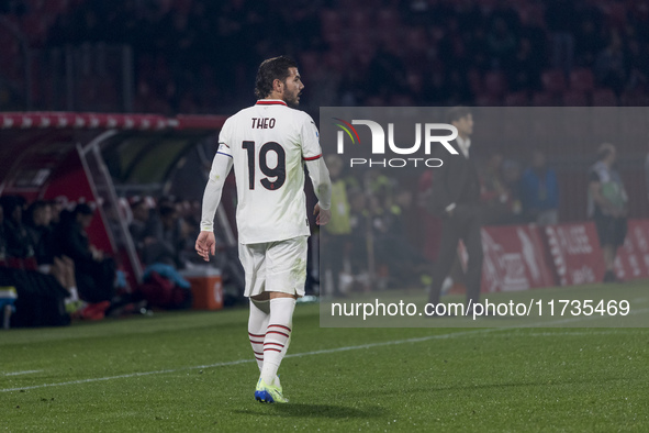 Theo Hernandez plays during the Serie A match between AC Monza and AC Milan at U-Power Stadium in Monza, Italy, on November 2, 2024. 