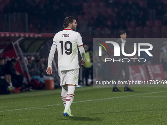 Theo Hernandez plays during the Serie A match between AC Monza and AC Milan at U-Power Stadium in Monza, Italy, on November 2, 2024. (