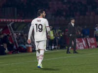 Theo Hernandez plays during the Serie A match between AC Monza and AC Milan at U-Power Stadium in Monza, Italy, on November 2, 2024. (