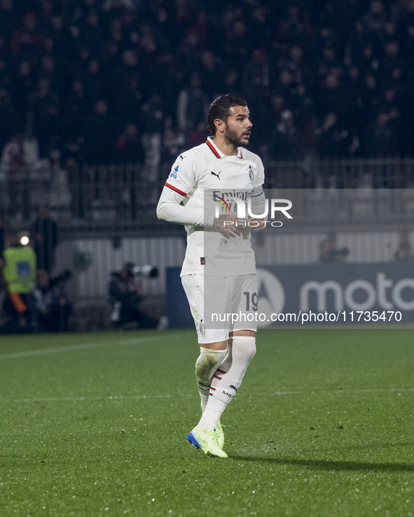 Theo Hernandez plays during the Serie A match between AC Monza and AC Milan at U-Power Stadium in Monza, Italy, on November 2, 2024. 