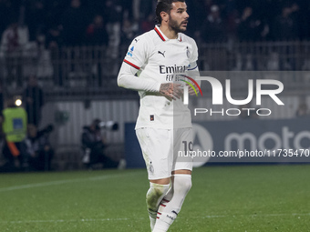 Theo Hernandez plays during the Serie A match between AC Monza and AC Milan at U-Power Stadium in Monza, Italy, on November 2, 2024. (