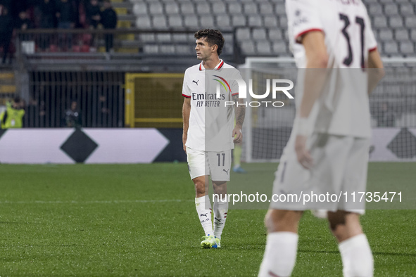 Christian Pulisic plays during the Serie A match between AC Monza and AC Milan at U-Power Stadium in Monza, Italy, on November 2, 2024. 