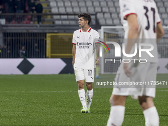 Christian Pulisic plays during the Serie A match between AC Monza and AC Milan at U-Power Stadium in Monza, Italy, on November 2, 2024. (