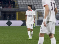 Christian Pulisic plays during the Serie A match between AC Monza and AC Milan at U-Power Stadium in Monza, Italy, on November 2, 2024. (