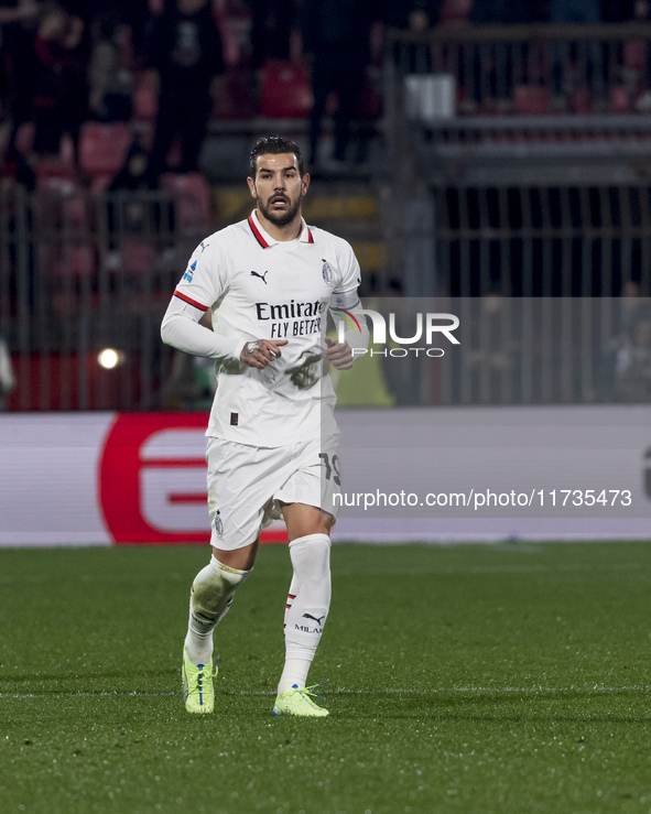 Theo Hernandez plays during the Serie A match between AC Monza and AC Milan at U-Power Stadium in Monza, Italy, on November 2, 2024. 