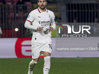 Theo Hernandez plays during the Serie A match between AC Monza and AC Milan at U-Power Stadium in Monza, Italy, on November 2, 2024. (