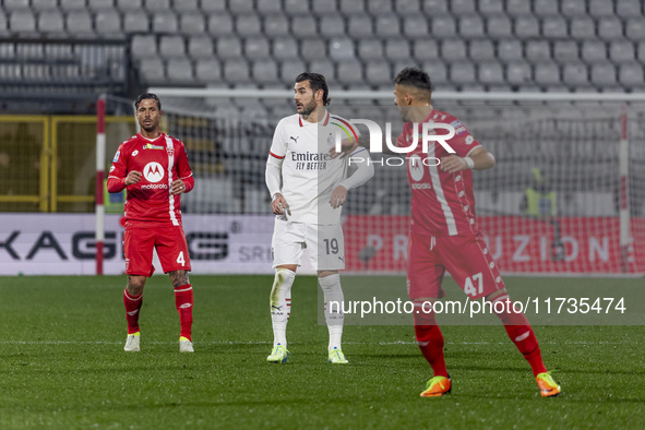 Theo Hernandez plays during the Serie A match between AC Monza and AC Milan at U-Power Stadium in Monza, Italy, on November 2, 2024. 