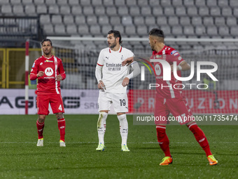 Theo Hernandez plays during the Serie A match between AC Monza and AC Milan at U-Power Stadium in Monza, Italy, on November 2, 2024. (