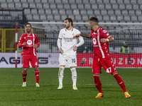 Theo Hernandez plays during the Serie A match between AC Monza and AC Milan at U-Power Stadium in Monza, Italy, on November 2, 2024. (