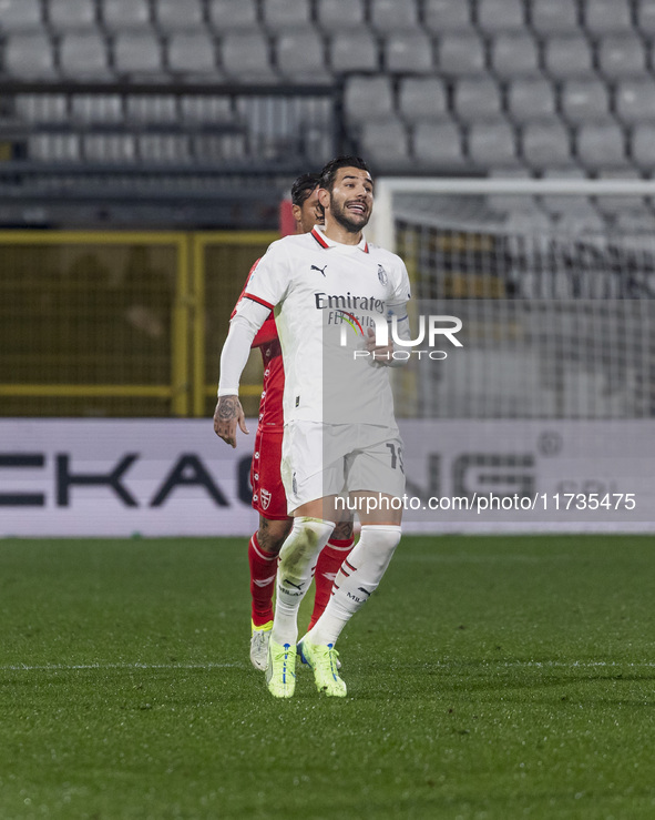 Theo Hernandez plays during the Serie A match between AC Monza and AC Milan at U-Power Stadium in Monza, Italy, on November 2, 2024. 