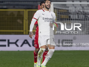 Theo Hernandez plays during the Serie A match between AC Monza and AC Milan at U-Power Stadium in Monza, Italy, on November 2, 2024. (