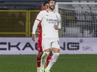 Theo Hernandez plays during the Serie A match between AC Monza and AC Milan at U-Power Stadium in Monza, Italy, on November 2, 2024. (