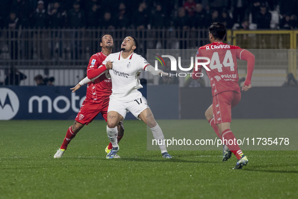 Noah Okafor plays during the Serie A match between AC Monza and AC Milan at U-Power Stadium in Monza, Italy, on November 2, 2024. 