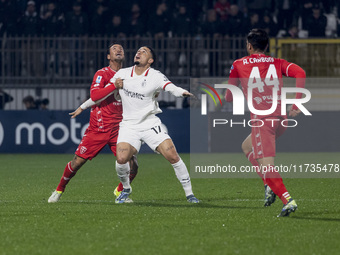 Noah Okafor plays during the Serie A match between AC Monza and AC Milan at U-Power Stadium in Monza, Italy, on November 2, 2024. (