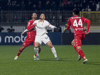 Noah Okafor plays during the Serie A match between AC Monza and AC Milan at U-Power Stadium in Monza, Italy, on November 2, 2024. (