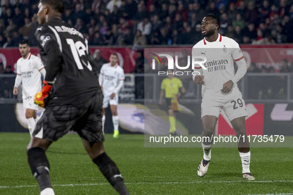 Youssouf Fofana plays during the Serie A match between AC Monza and AC Milan at U-Power Stadium in Monza, Italy, on November 2, 2024. 