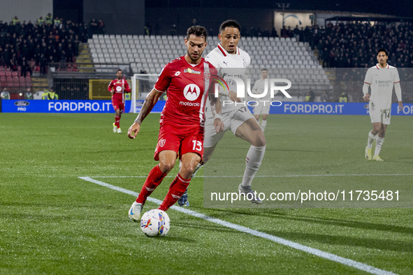 Pedro Pereira plays during the Serie A match between AC Monza and AC Milan at U-Power Stadium in Monza, Italy, on November 2, 2024. 