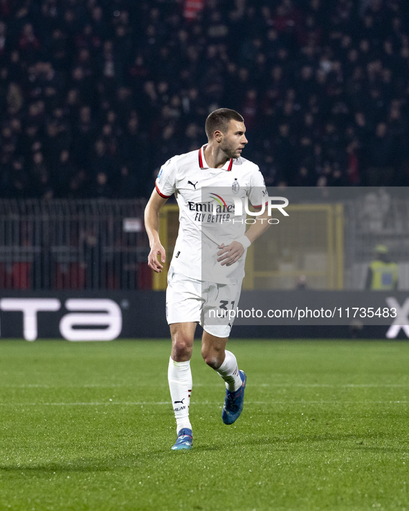 Strahinja Pavlovic plays during the Serie A match between AC Monza and AC Milan at U-Power Stadium in Monza, Italy, on November 2, 2024. 