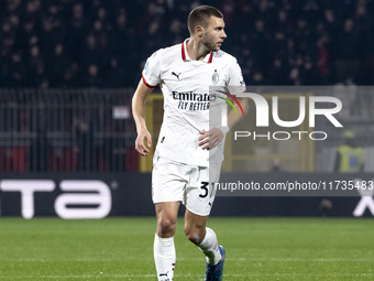 Strahinja Pavlovic plays during the Serie A match between AC Monza and AC Milan at U-Power Stadium in Monza, Italy, on November 2, 2024. (