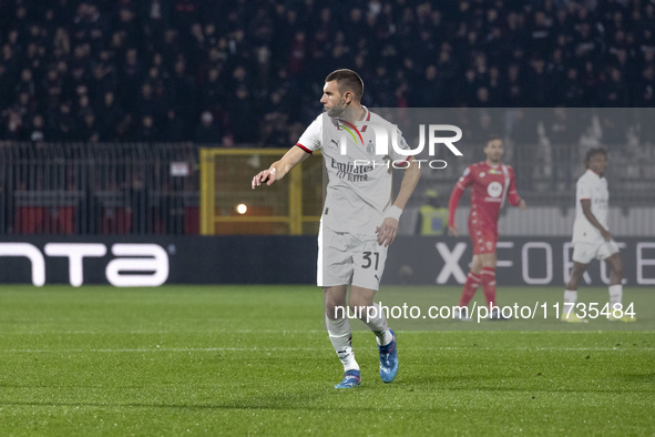 Strahinja Pavlovic plays during the Serie A match between AC Monza and AC Milan at U-Power Stadium in Monza, Italy, on November 2, 2024. 