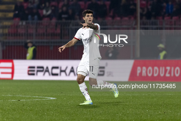 Christian Pulisic plays during the Serie A match between AC Monza and AC Milan at U-Power Stadium in Monza, Italy, on November 2, 2024. 