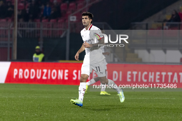 Christian Pulisic plays during the Serie A match between AC Monza and AC Milan at U-Power Stadium in Monza, Italy, on November 2, 2024. 