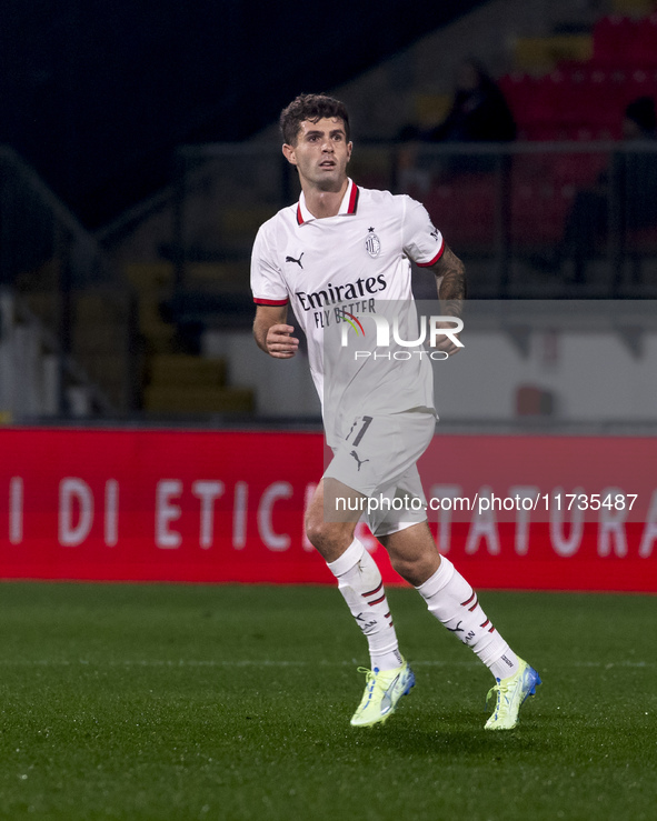 Christian Pulisic plays during the Serie A match between AC Monza and AC Milan at U-Power Stadium in Monza, Italy, on November 2, 2024. 