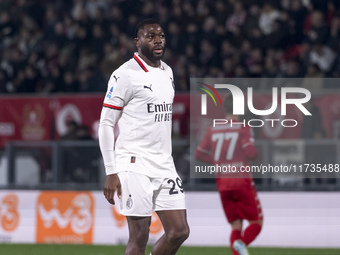 Youssouf Fofana plays during the Serie A match between AC Monza and AC Milan at U-Power Stadium in Monza, Italy, on November 2, 2024. (