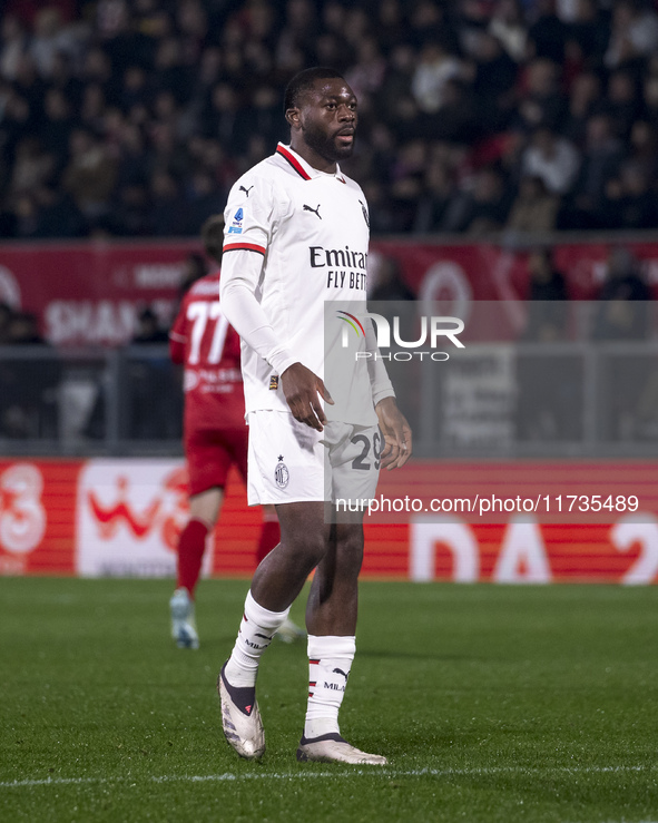 Youssouf Fofana plays during the Serie A match between AC Monza and AC Milan at U-Power Stadium in Monza, Italy, on November 2, 2024. 