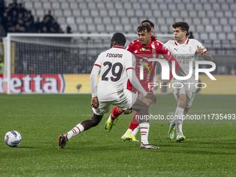 Youssouf Fofana and Daniel Maldini play during the Serie A match between AC Monza and AC Milan at U-Power Stadium in Monza, Italy, on Novemb...