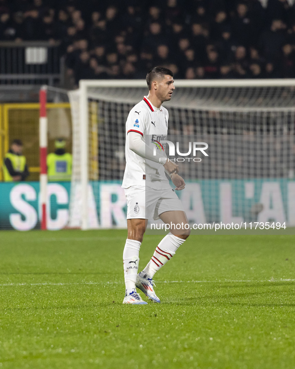 Alvaro Morata plays during the Serie A match between AC Monza and AC Milan at U-Power Stadium in Monza, Italy, on November 2, 2024 