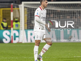 Alvaro Morata plays during the Serie A match between AC Monza and AC Milan at U-Power Stadium in Monza, Italy, on November 2, 2024 (