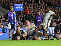 Mark Tele'a of New Zealand scores the winning try during the Autumn Nations Series International Rugby match between England and New Zealand...