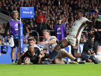 Mark Tele'a of New Zealand scores the winning try during the Autumn Nations Series International Rugby match between England and New Zealand...