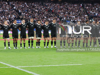 The New Zealand team stands before kickoff during the Autumn Nations Series International Rugby match between England and New Zealand at All...