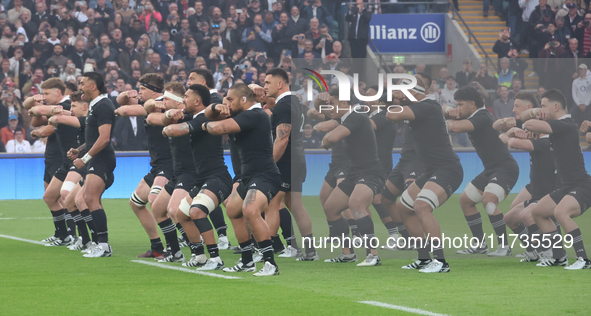 New Zealand performs their pre-match Haka during the match between England and New Zealand at Twickenham, London, on November 2, 2024, durin...