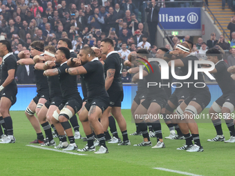 New Zealand performs their pre-match Haka during the match between England and New Zealand at Twickenham, London, on November 2, 2024, durin...