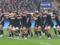 New Zealand performs their pre-match Haka during the match between England and New Zealand at Twickenham, London, on November 2, 2024, durin...