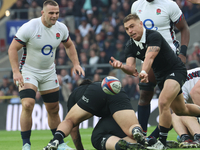 From left to right, England's George Martin (Leicester City) and Cortez Ratima of New Zealand are in action during the Autumn Nations Series...