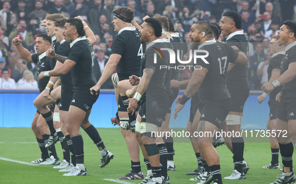 New Zealand performs their pre-match Haka during the match between England and New Zealand at Twickenham, London, on November 2, 2024, durin...