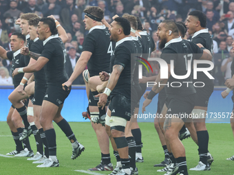 New Zealand performs their pre-match Haka during the match between England and New Zealand at Twickenham, London, on November 2, 2024, durin...