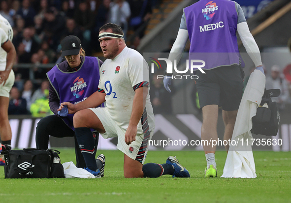 England's Jamie George (Saracens) is in action during the Autumn Nations Series International Rugby match between England and New Zealand at...