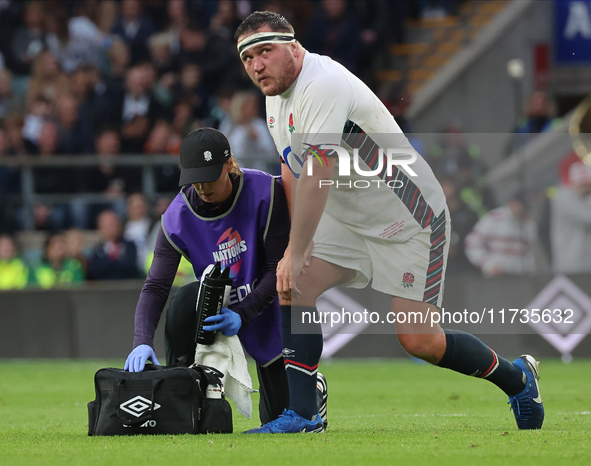 England's Jamie George (Saracens) is in action during the Autumn Nations Series International Rugby match between England and New Zealand at...