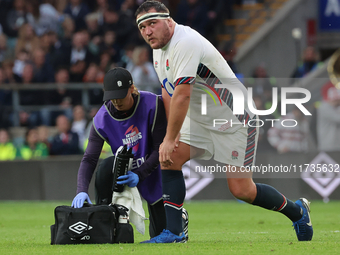 England's Jamie George (Saracens) is in action during the Autumn Nations Series International Rugby match between England and New Zealand at...