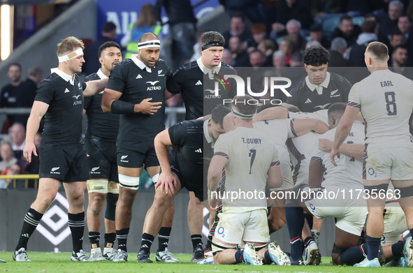 Patrick Tuipulotu of New Zealand and Scott Barrett of New Zealand participate in the Autumn Nations Series International Rugby match between...