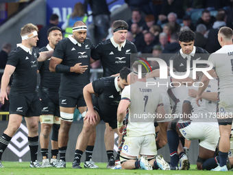 Patrick Tuipulotu of New Zealand and Scott Barrett of New Zealand participate in the Autumn Nations Series International Rugby match between...