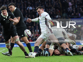 From left to right, Scott Barrett of New Zealand and Ben Spencer of England (Bath Rugby) are in action during the Autumn Nations Series Inte...